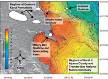 Map of submerged sinkholes (including the study sites - Misery Bay containing the El Cajon Bay Blue Hole, Middle Island Sinkhole and Isolated Sinkhole) in the Thunder Bay National Marine Sanctuary (TBNMS), Lake Huron.
