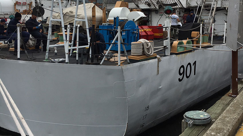 Newly installed equipment on the fantail of the U.S. Coast Guard Cutter Bear.