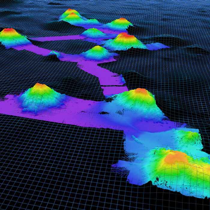 New bathymetry data of the New England Seamounts collected with the EM 304 MK II variant during the 2021 North Atlantic Stepping Stones: New England and Corner Rise Seamount Chain (EX-21-04) expedition, overlaid on the Global Multi-Resolution Topography Data Synthesis grid.