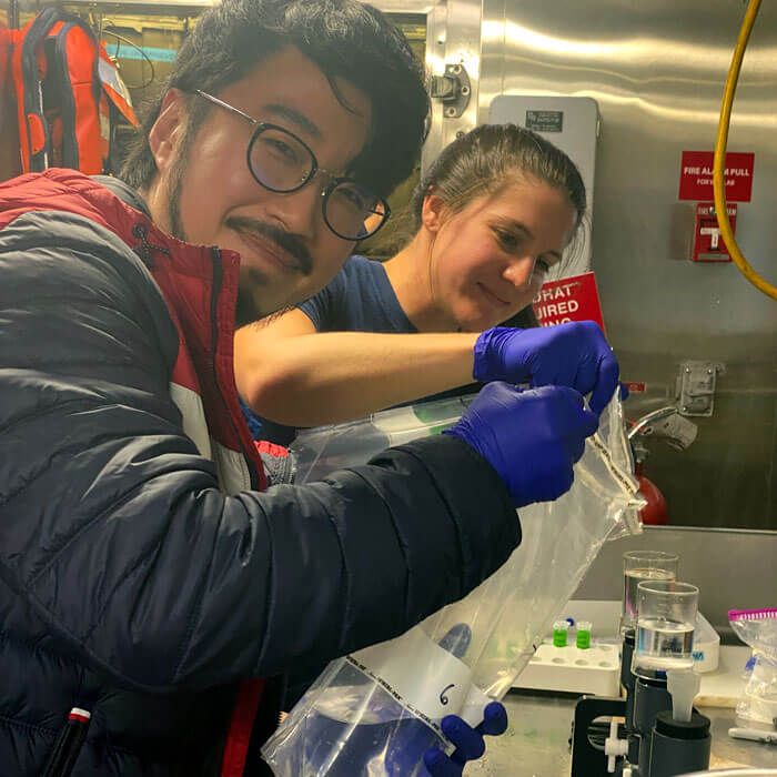 There's so much life in the deep ocean that we don't know anything about. And, since it's too large to explore it all with cameras, and some creatures are too small to see, scientists have found another way to ID occupants of the water column and the seafloor: environmental DNA (eDNA). In this photo, explorers on the 2022 Puerto Rico Mapping and Deep-Sea Camera Demonstration are processing water samples. Genetic material is captured on filters and sent to shore for analysis. Who knows what they'll find.