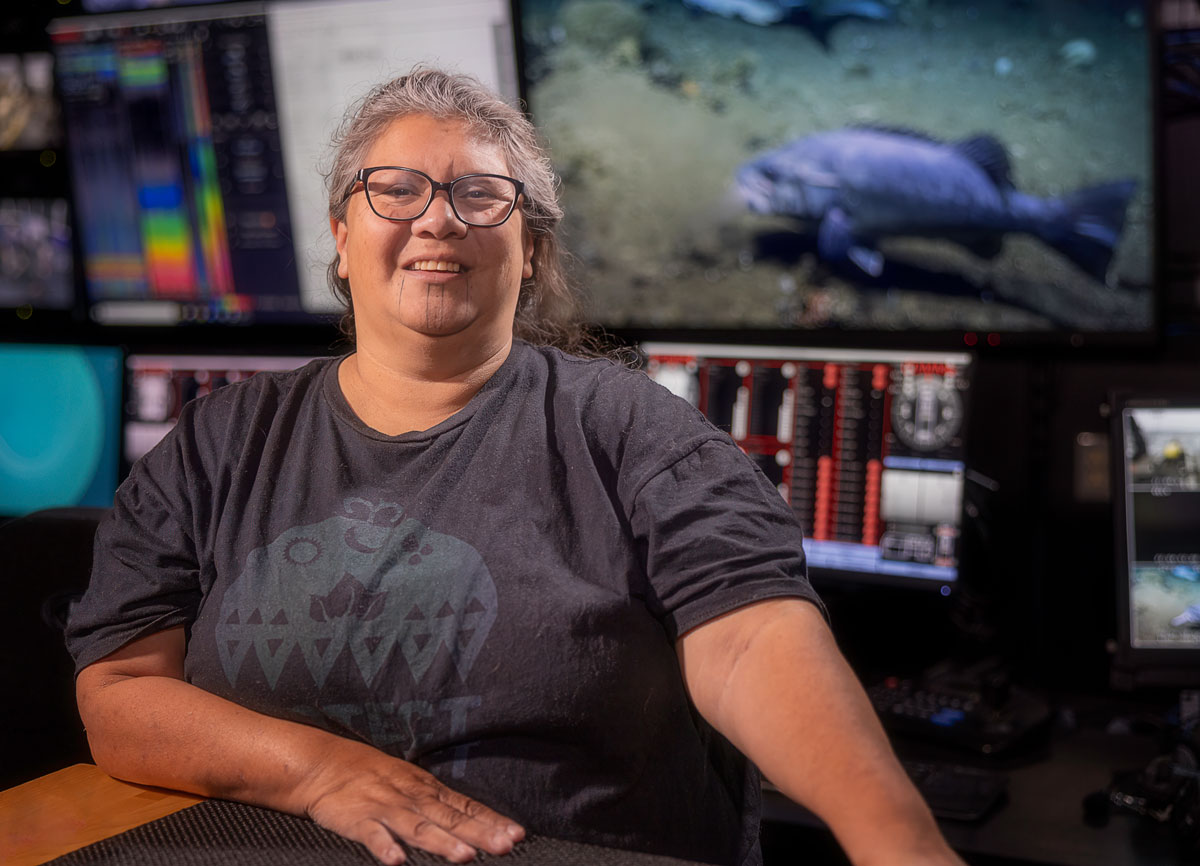 A woman in the control room on NOAA Ship Okeanos Explorer.