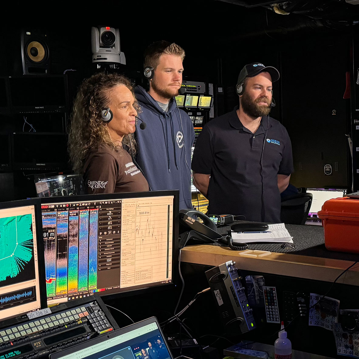 Image of Cultural liaisons Malia and Makoa and expedition coordinator Thomas during the Q and A portion of a live interaction hosted during the Beyond the Blue: Papahānaumokuākea Mapping 1 expedition. The kids at Mokupāpapa Discovery Center had so many questions!