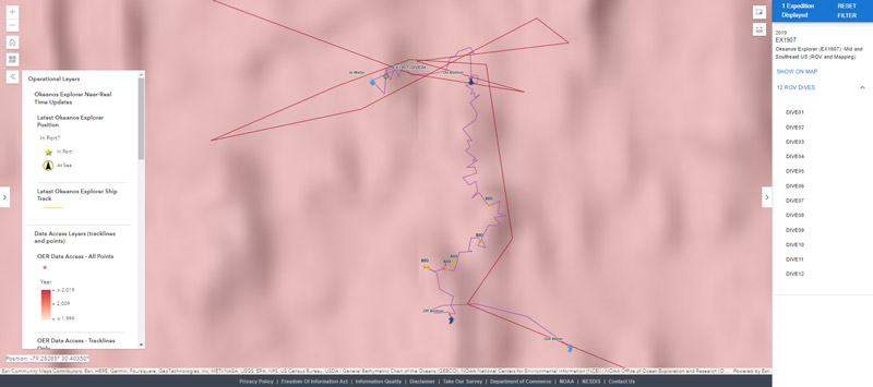 Screenshot of the NOAA Ocean Exploration Data Atlas ROV Dive Pop-Up Windows