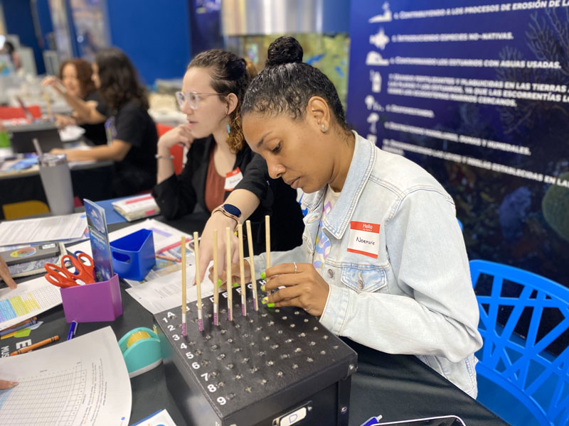The image shows a woman engaged in an interactive scientific activity. She is seated at a table with a grid-like board marked with letters and numbers, where wooden sticks are inserted. The woman, wearing a light denim jacket, concentrates on placing or adjusting the sticks. Behind her, other individuals are seated at the table, surrounded by various educational materials like papers, colorful folders, and stationery items. The setting appears to be a workshop or classroom.