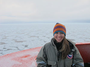 Shannon on the RVIB Nathaniel B. Palmer off the coast of Antarctica.