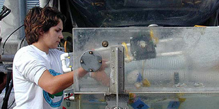 Shawn placing her mussel predation trays into the Biobox.