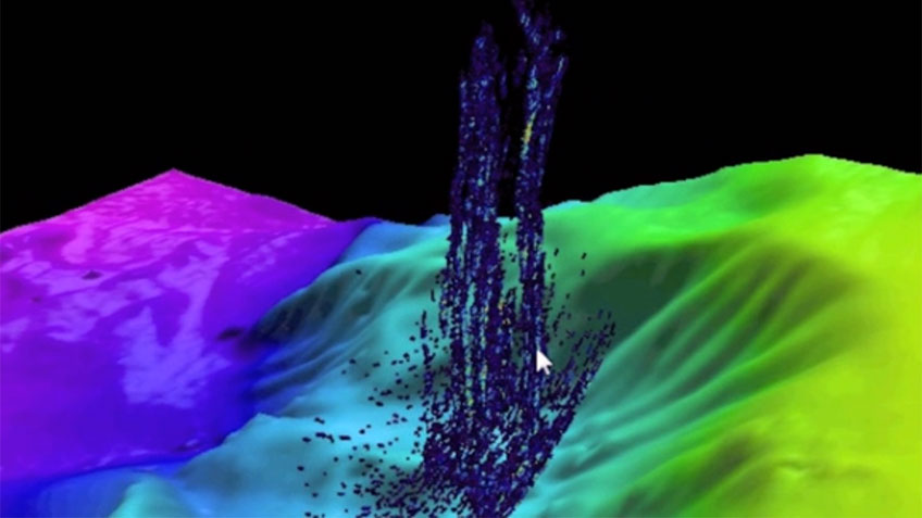 Data from the multibeam sonar on NOAA Ship Okeanos Explorer provided a 3D image of an underwater gas plume rising 1,400 meters (4,590 feet) from the seafloor off the California Coast in 2009.