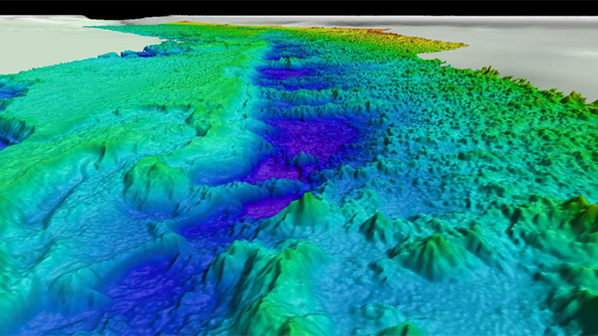 High-resolution multibeam bathymetry collected by NOAA Ship Okeanos Explorer showing the topography of the Stetson North region.