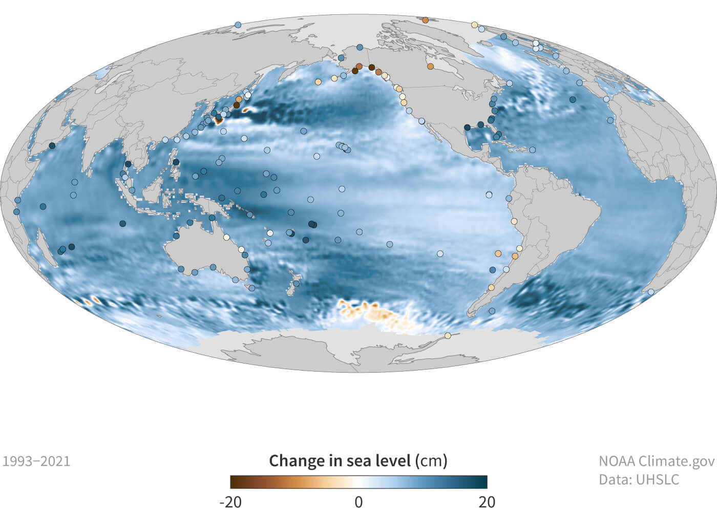 A map of sea level change from 1993 to 2021