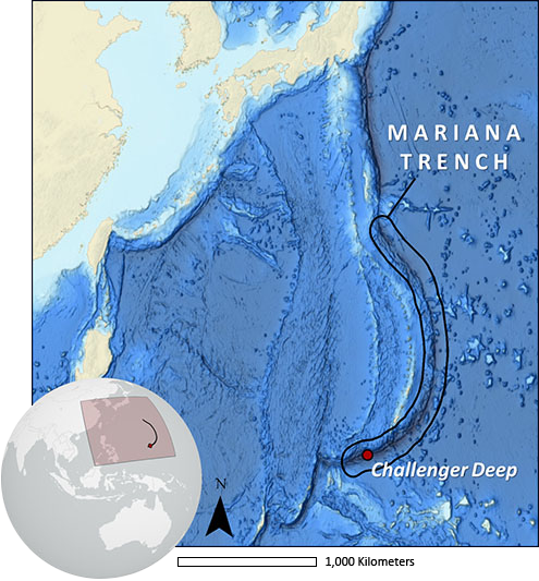 Map showing location of Challenger Deep in the Mariana Trench.