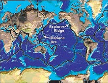 Map of the Earth's surface depicting the Submarine Ring of Fire