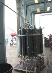 The CTD measures the conductivity, temperature, and depth of water