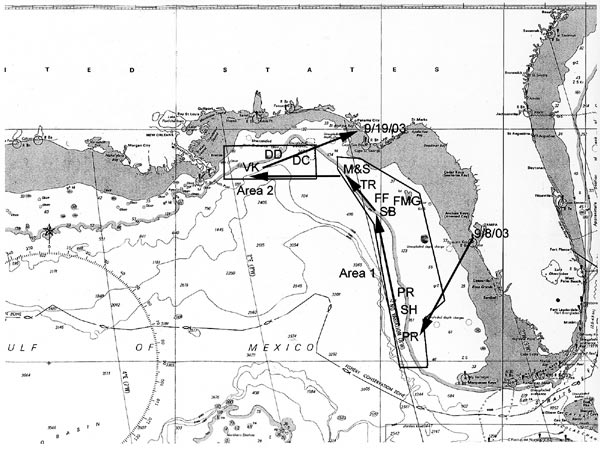 Proposed dive sites and cruise track in Gulf of Mexico