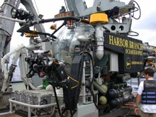 The Johnson Sea Lab II is seen preparing to descend into the sea over the Charleston Bump.