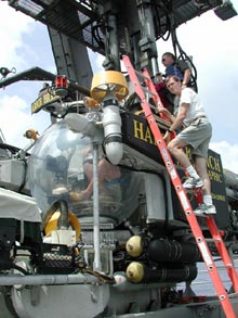 South Carolina Department of Natural Resources Fish Biologist Dave Wyanski prepares to enter the JSL II sphere for Dive #3407.