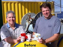 Sharon and Geoff holding the "backpack buddies" and decorated styrofoam cups prior the CTD cast