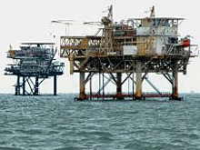Two conventional oil platforms located near the mouth of the Mississippi River in the Gulf of Mexico