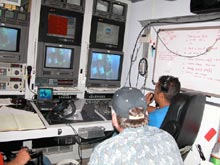Sonsub technicians at the controls of the ROV in the control van