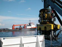 Innovator ROV being launched from the Ron Brown during a test dive