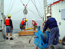 The crew deploys an ROV during an earlier trip to the steamship Portland. The crew deploys an ROV during an earlier trip to the steamship Portland.