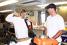 Trying on the emergency breathing apparatus Trying on the emergency breathing apparatus