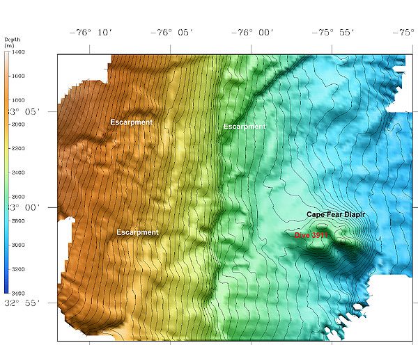 Seabeam bathymetric map near the head of the Cape Fear submarine slide and the Cape Fear salt diapir