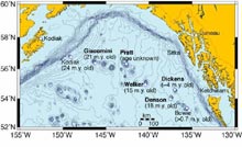 Volcanic seamounts in the Gulf of Alaska.