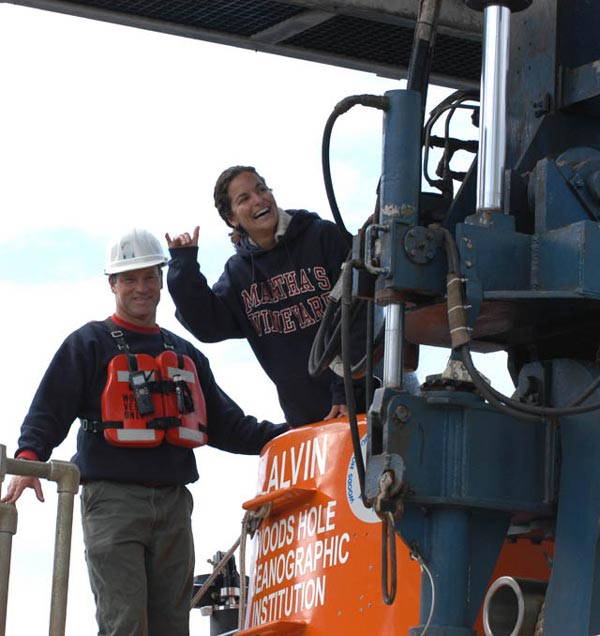 Catalina Martinez enters the DSV Alvin for her first dive.