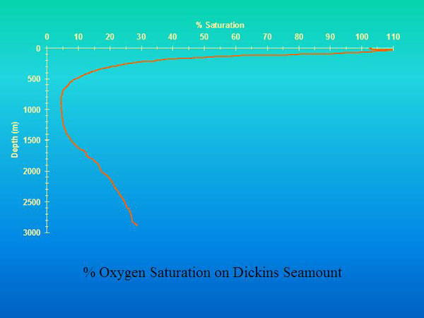 Oxygen concentration is extremely low at mid depths on seamounts.