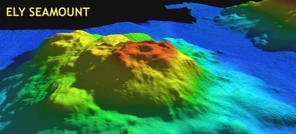 A multi beam image of Ely Seamount, the caldera is visible at the apex of the seamount.