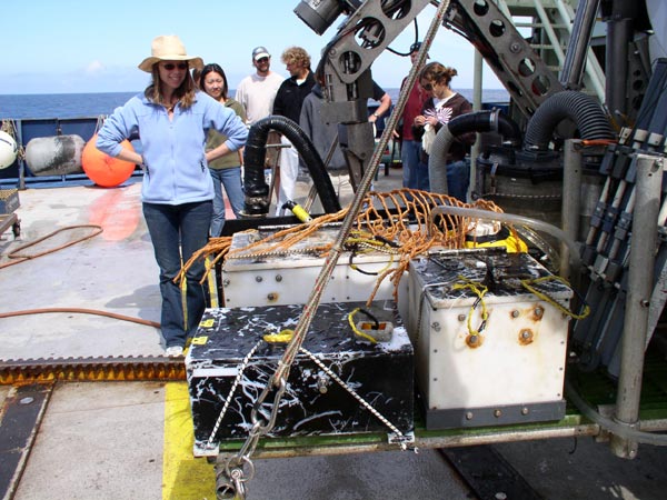 Naomi Ward prepares to collect mucus and polyp samples from this big bamboo specimen carried on Alvin’s basket.