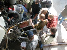 Scientists swarm the basket after Alvin’s return to the surface.