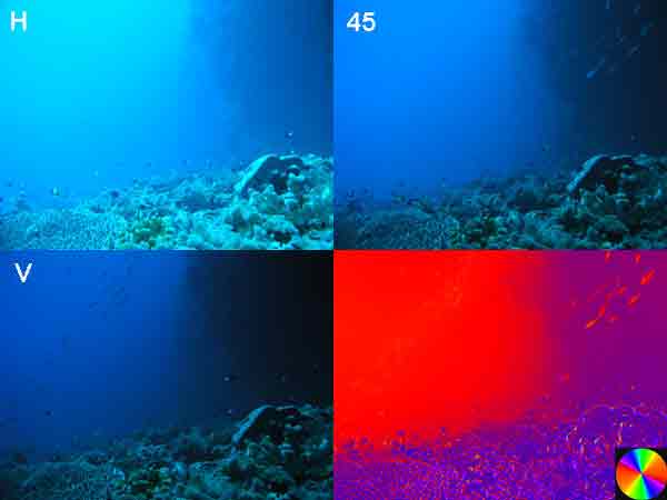 4 pictures show an ocean scene, the Great Barrier Reef, taken through a polarizing filter held in front of the camera Horizontally, Vertically and at 45 degrees