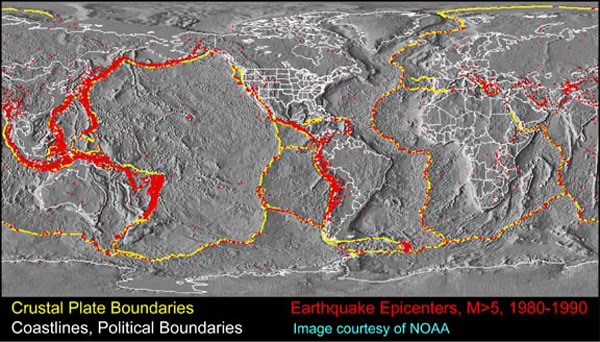Submarine volcanoes and earthquakes map.
