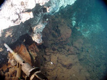 Sampling hydrothermal vent fluids at Cave vent, using the Hot Fluid Sampler (HFS).