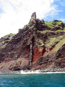 The vertical column in the center of the image, called a dike, rises from below sea level to the pinnacle at the top of the ridge.