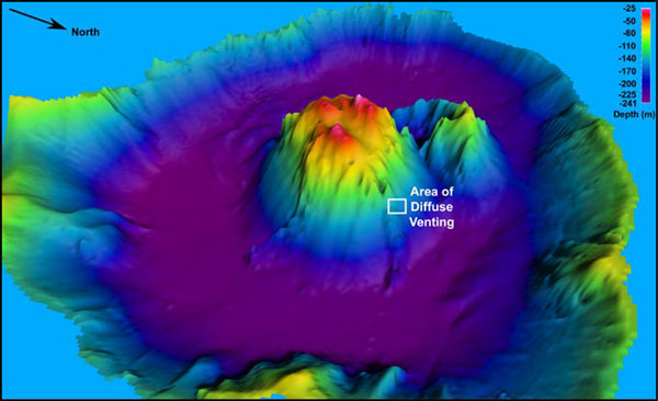 Three-dimensional view of the Maug caldera (2 times vertical exaggeration).
