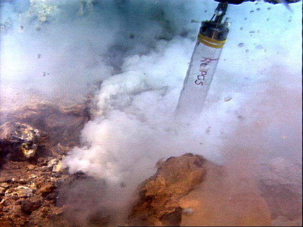 ROPOS capturing droplets from the seafloor at Champagne vent site.