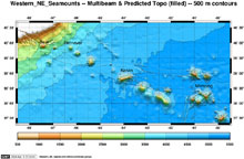 Western North East Seamounts multibeam and predicted topo (filled - 500 m contours).