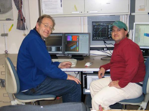Acquireing bathymetric data in the computer lab on the Ronald H. Brown.