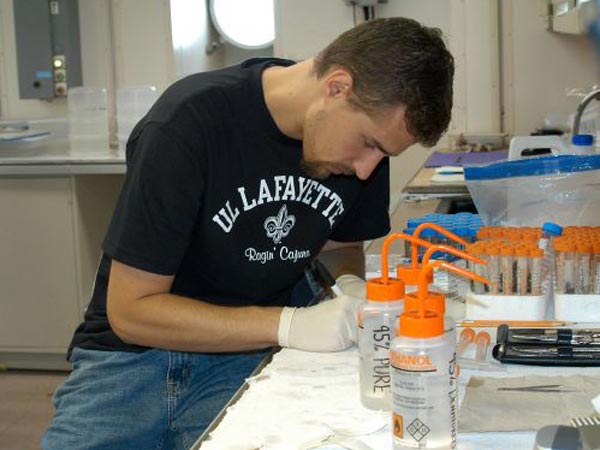 Mercer Brugler prepares coral specimens.