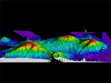 Multibeam map processed into three-dimensional image of Manning seamount complex.