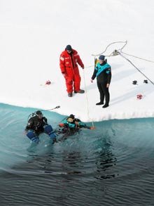 Ice Divers enter the water while a Coast Guard Petty Officer tends the line and a safety diver stands by.