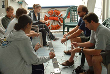 Dr. Ross teaches an impromptu knot-tying class as we return offshore to
resume the expedition.