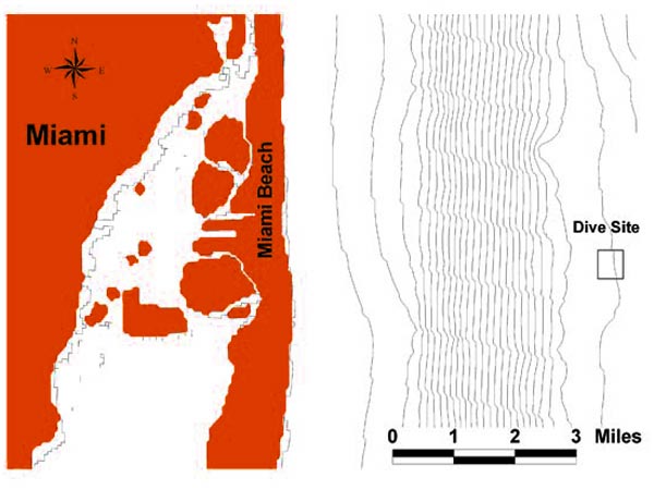 Figure 1:  A map of Miami Sinkhole dive site and its location off Miami Beach, Florida.