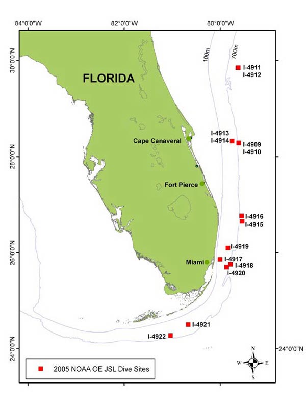 Figure 1: Our Johnson-Sea-Link submersible dive sites during this expedition.