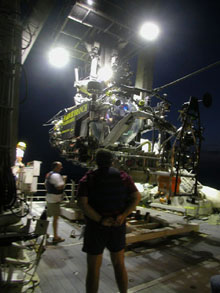 The Johnson-Sea-Link submersible returns from a dive with the Eye-in-the-Sea.