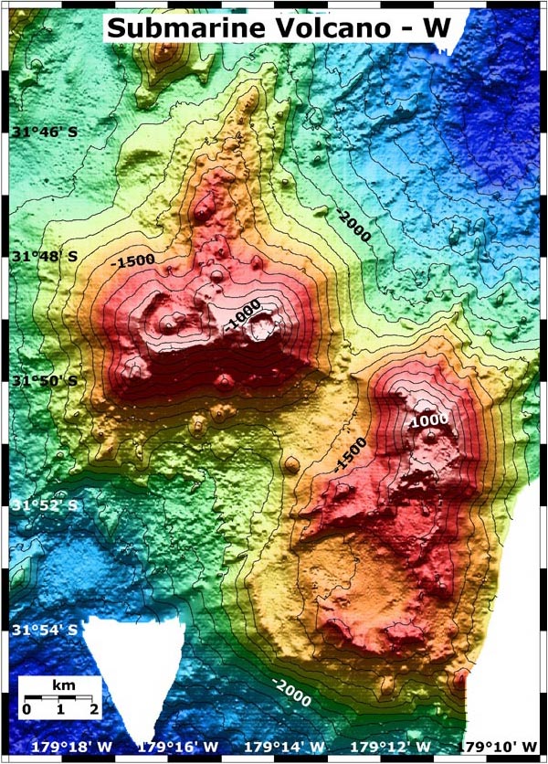 Three-dimensional view of Volcano W, viewed from the southwest looking to the northeast.