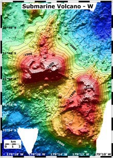 Three-dimensional view of Volcano W, viewed from the southwest looking to the northeast.