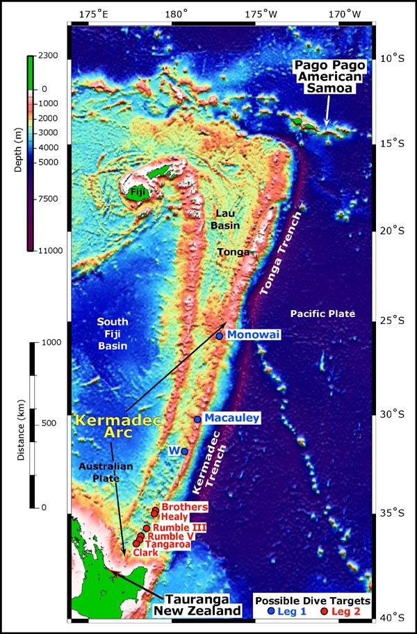 Southwest Pacific from Samoa (northeast) to New Zealand (southwest).